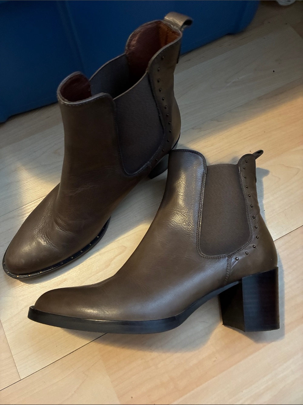Women's Taupe Leather Chelsea Ankle Boots with Block Heel
